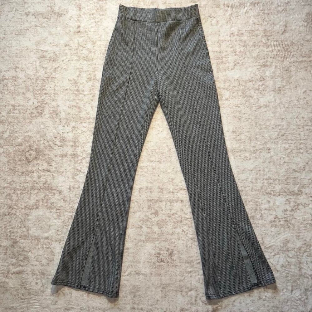 Gray houndstooth flare pants with